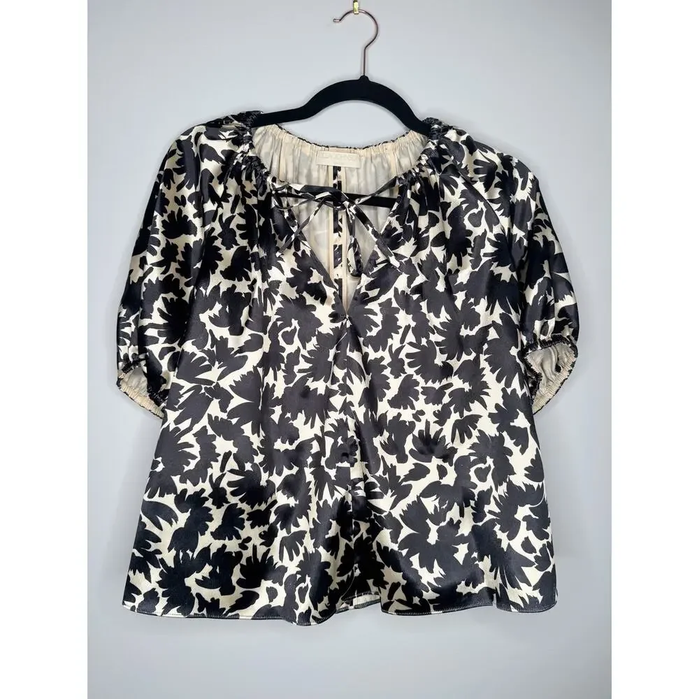 Ulla Johnson Neema Raven Satin Tie Neck Puff Sleeve Blouse Size 0